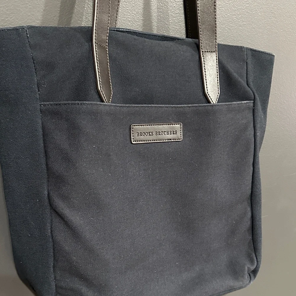 Brooks Brothers Navy Canvas Messenger Tote with Brown Leather Straps